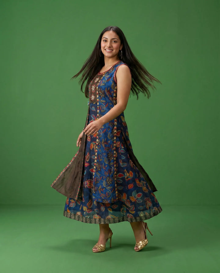Navy Embriodered Viscose Blended Sleeveless Maxi Dress