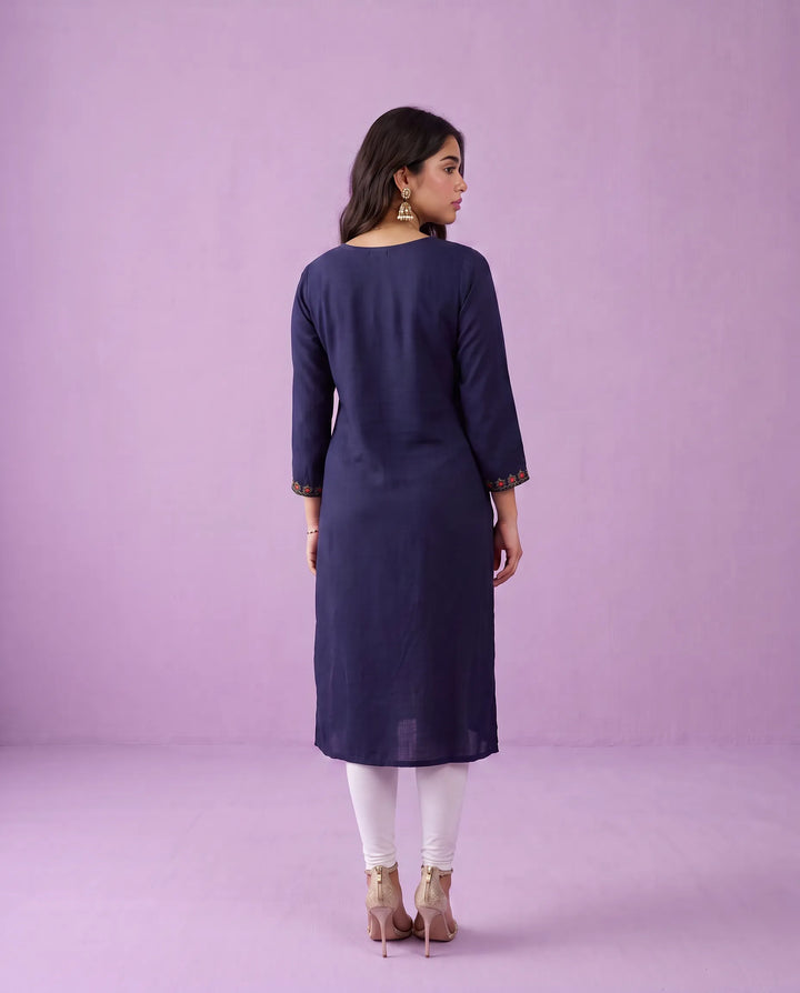 Navy Embroidered Rayon Straight cut Long Kurta