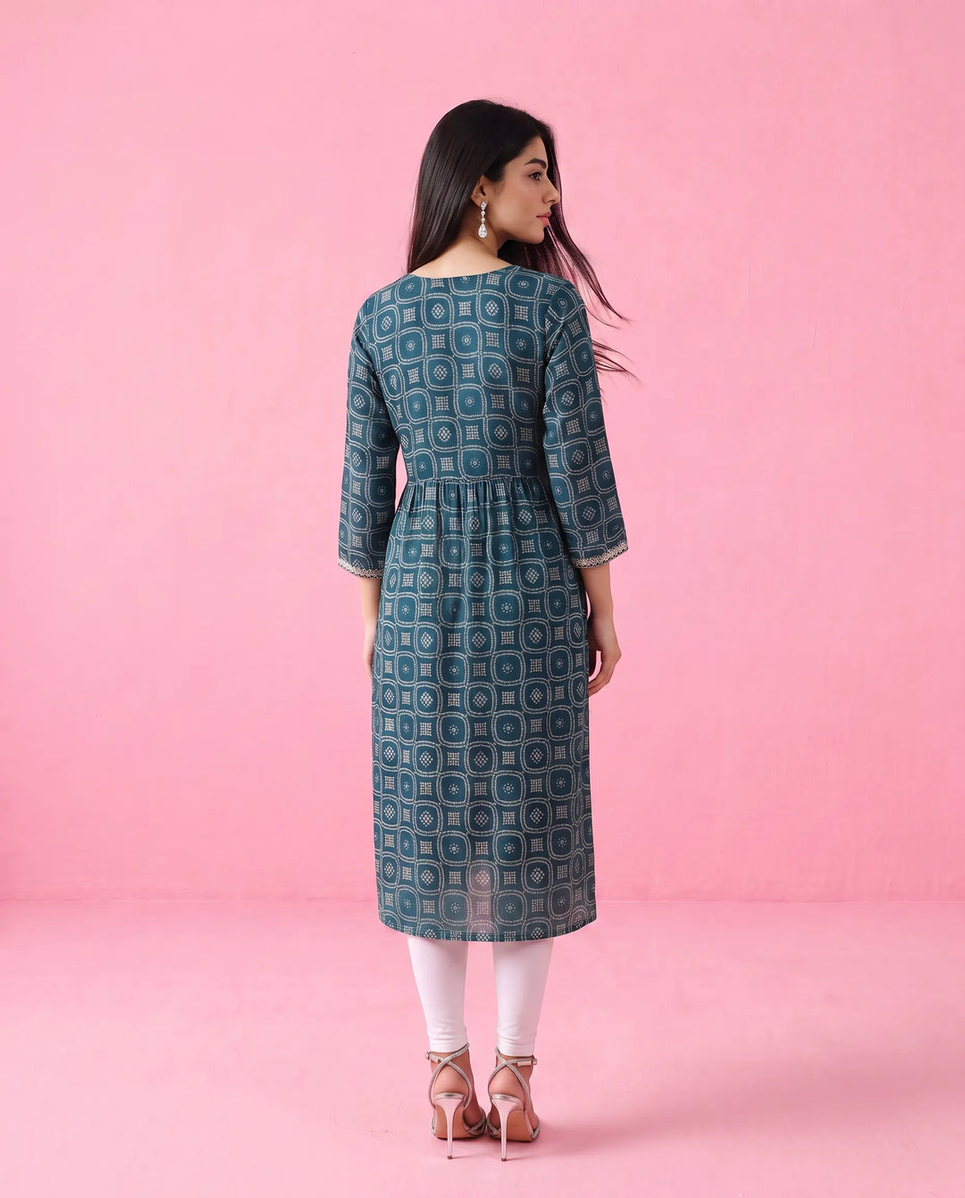 Teal Blue Embroidered Viscose Blended Straight Cut Long Kurta