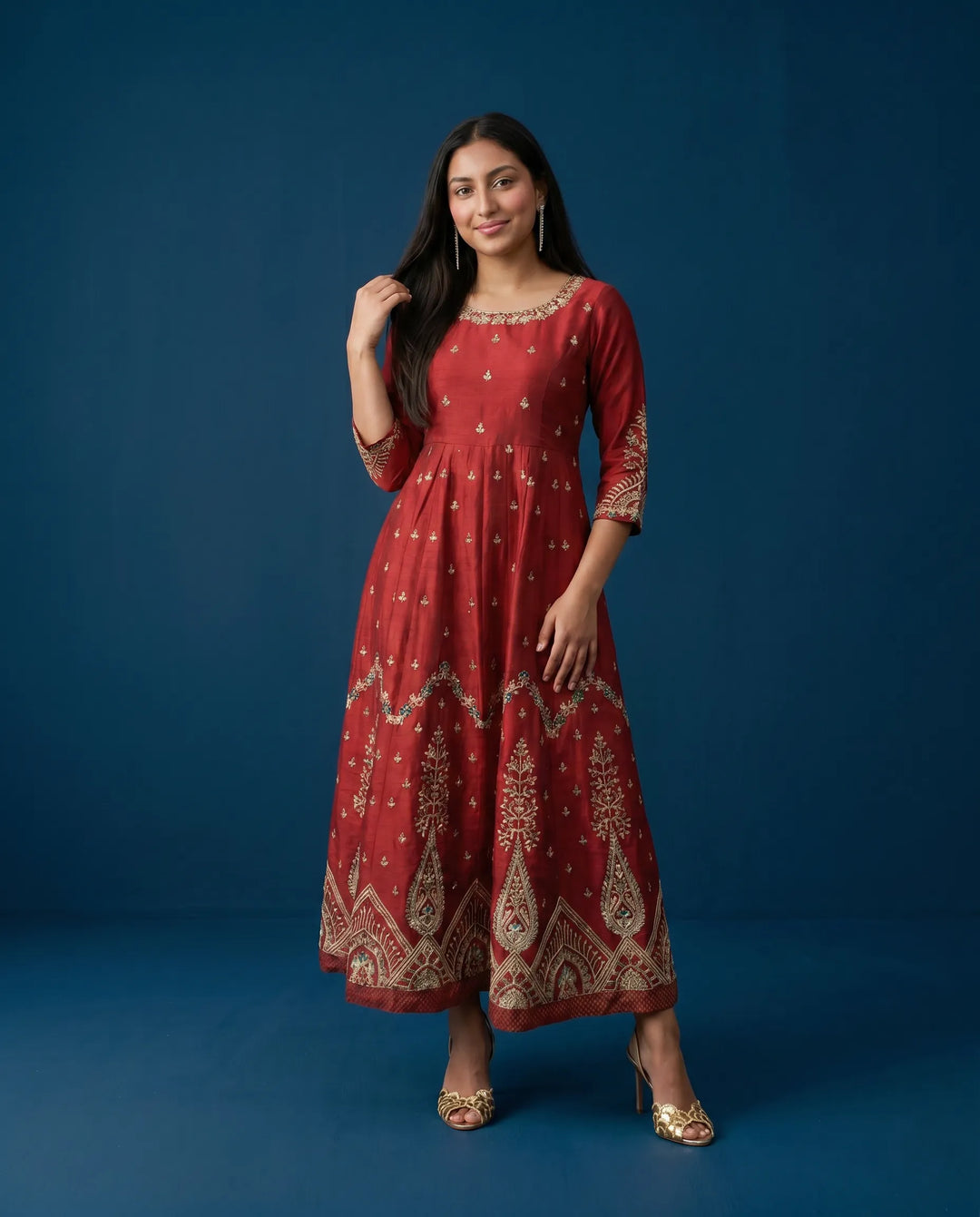 Maroon Embriodered Silk Blended Maxi Dress