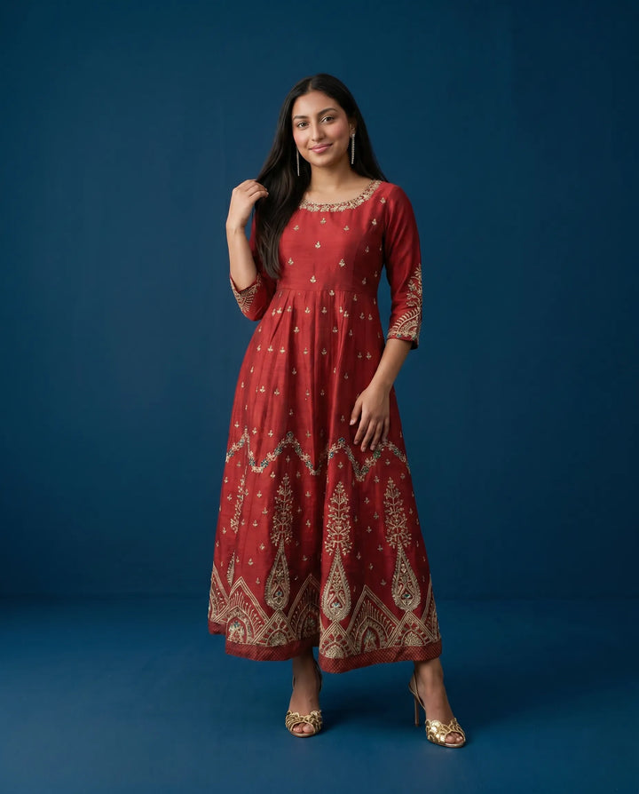 Maroon Embriodered Silk Blended Maxi Dress