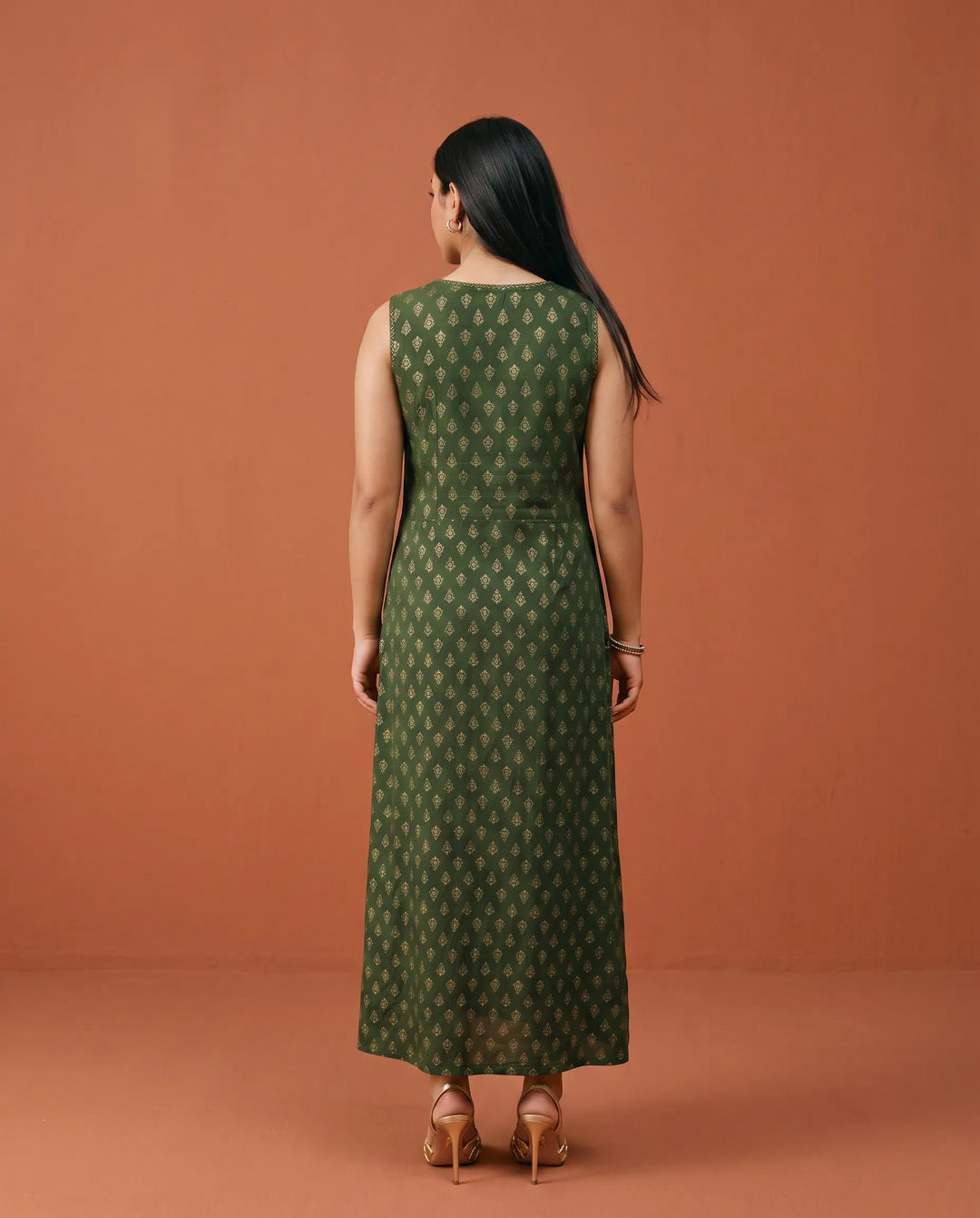 Green Printed Rayon Sleeveless Maxi Dress
