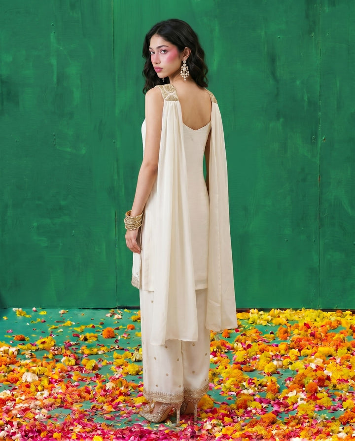 White Embriodered Silk Blended Spaghetti Strap Kurta Bottom Dupatta Set