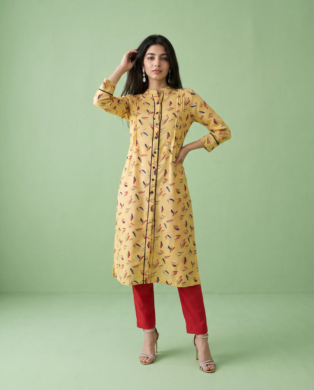 Yellow Printed Cotton Straight cut Long Kurta