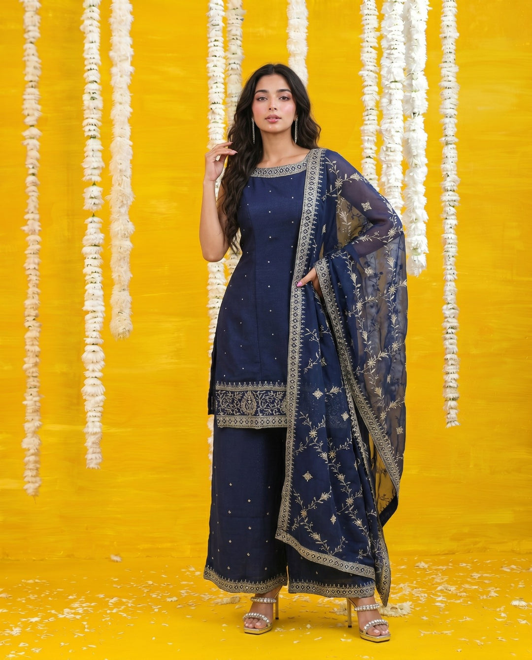 Navy Embriodered Silk Blended Sleeveless Kurta Bottom Dupatta Set