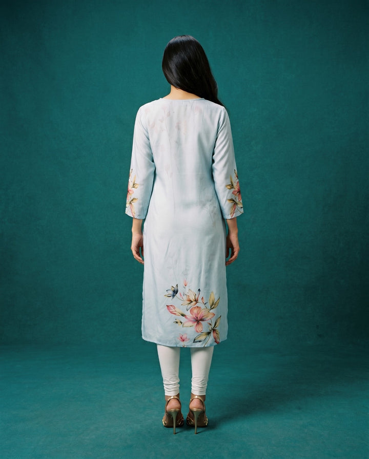 Grey Printed Crepe Silk Straight cut Long Kurta