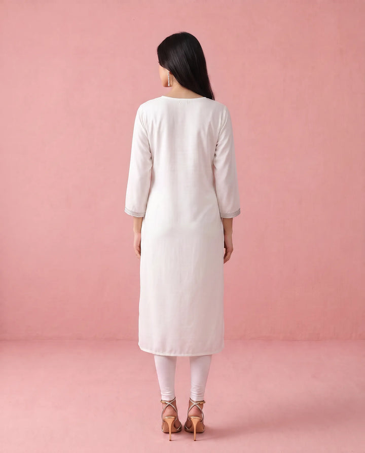 White Embroidered Rayon Straight cut Long Kurta