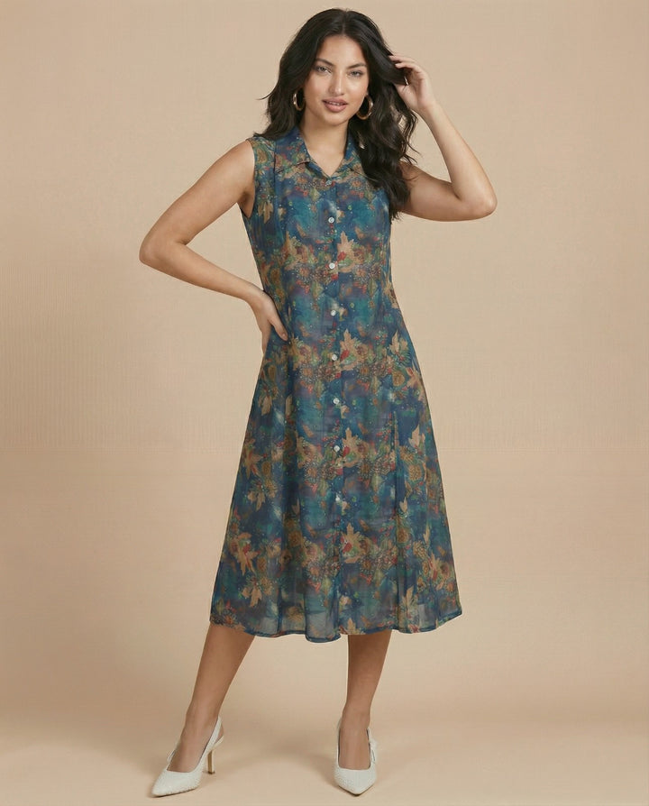 Blue Printed Viscose Blended Midi Dress