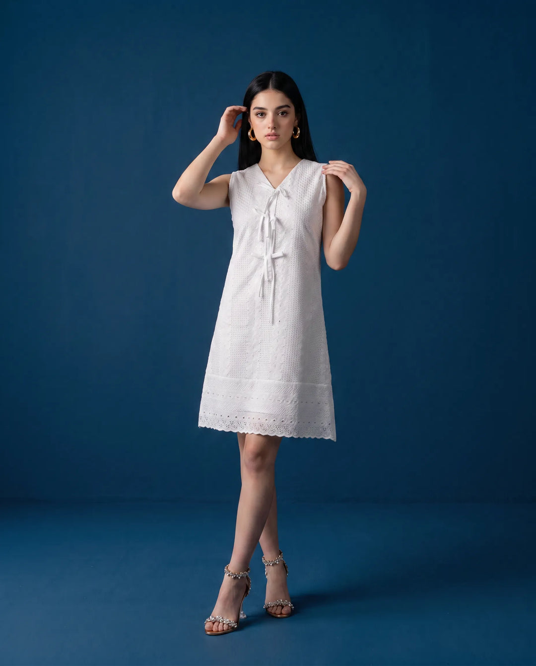 White Embroidered Korean Style Cotton Midi Dress