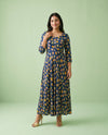 Navy Printed Rayon Maxi Dress