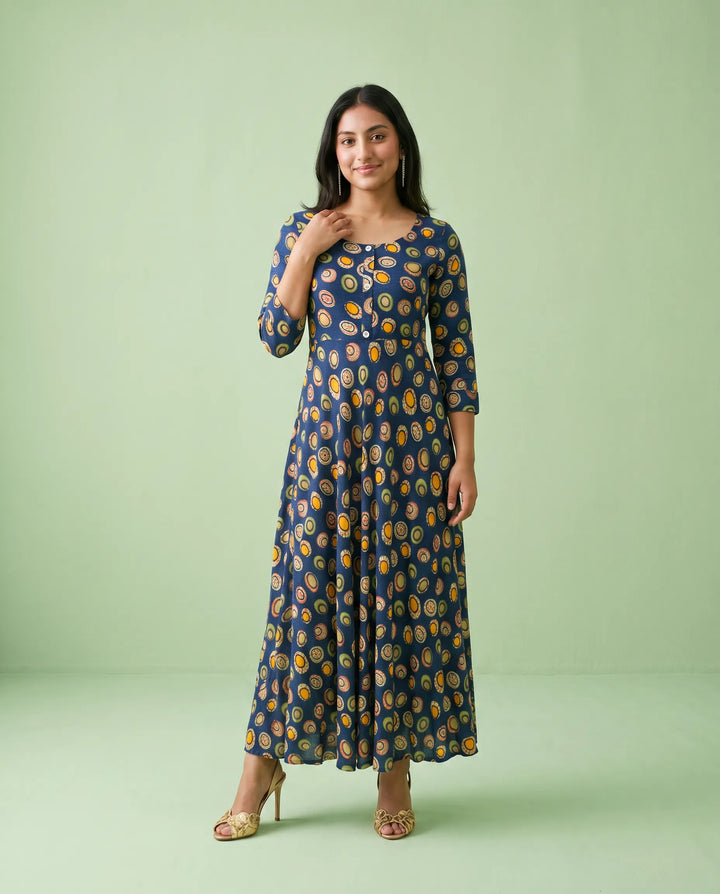 Navy Printed Rayon Maxi Dress