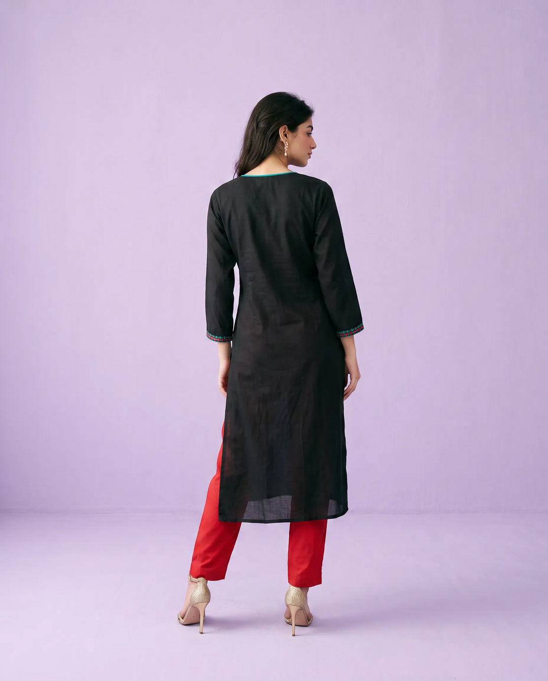 Black Embroidered Cotton Straight cut Long Kurta