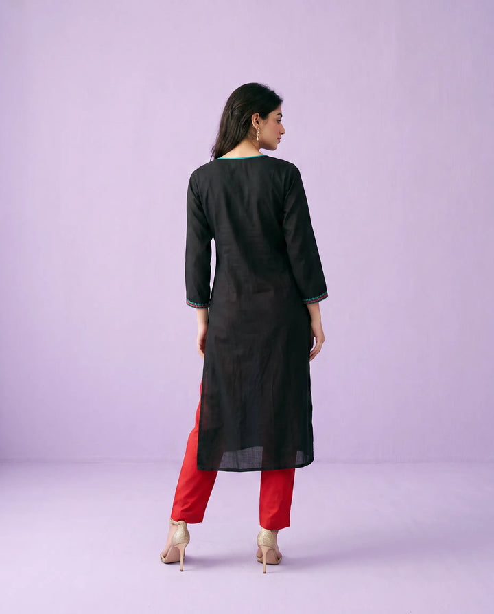 Black Embroidered Cotton Straight cut Long Kurta
