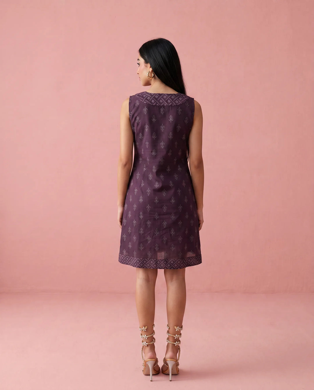 Purple Printed Cotton Midi Dress
