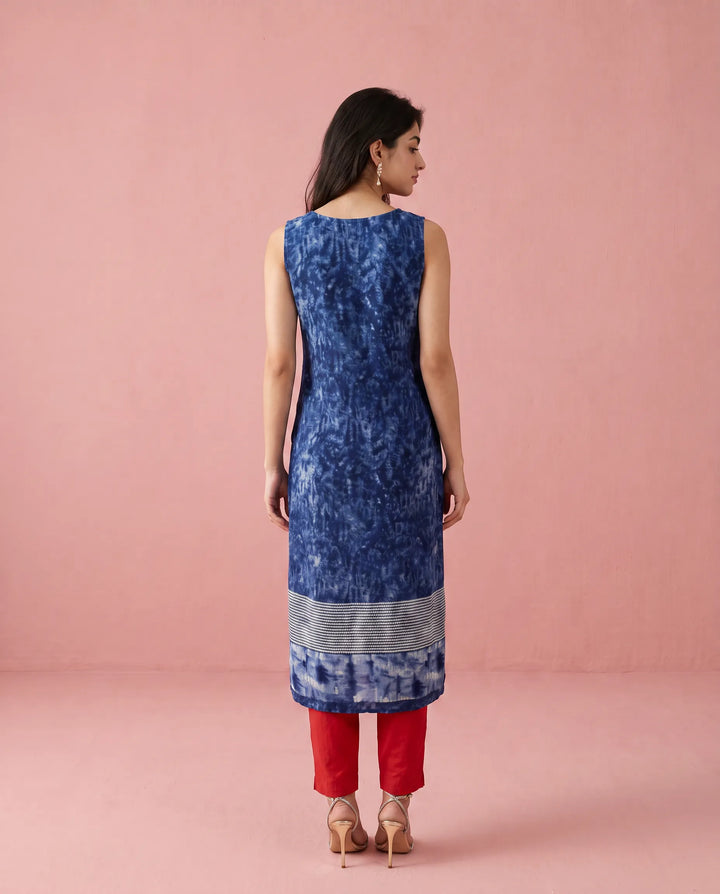 Navy Printed Viscose Blended Straight cut Long Kurta