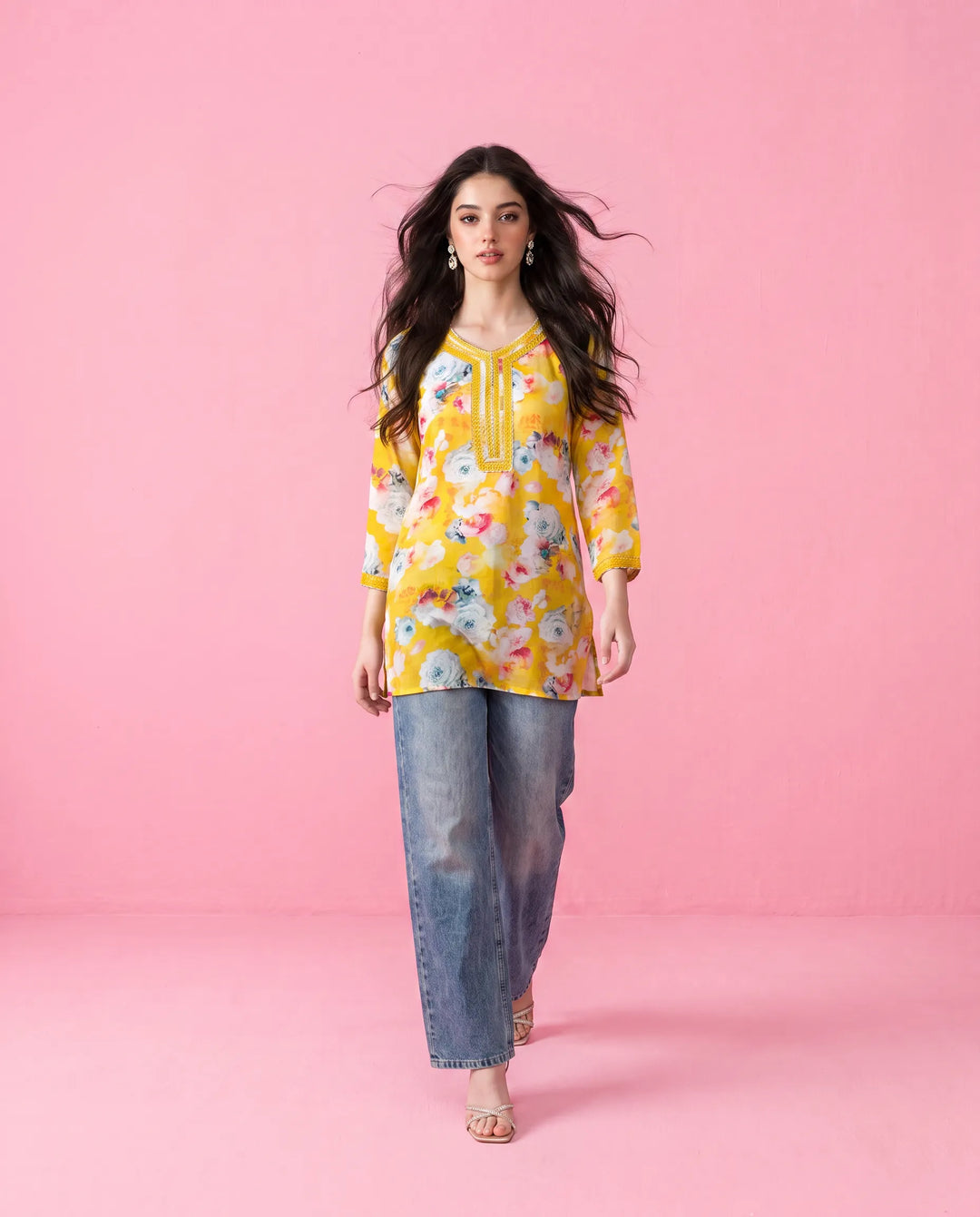 Yellow Printed Crepe Silk Short Kurti
