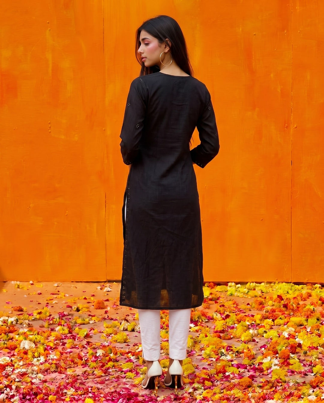 Black Embroidered Viscose Blended Straight cut Long Kurta