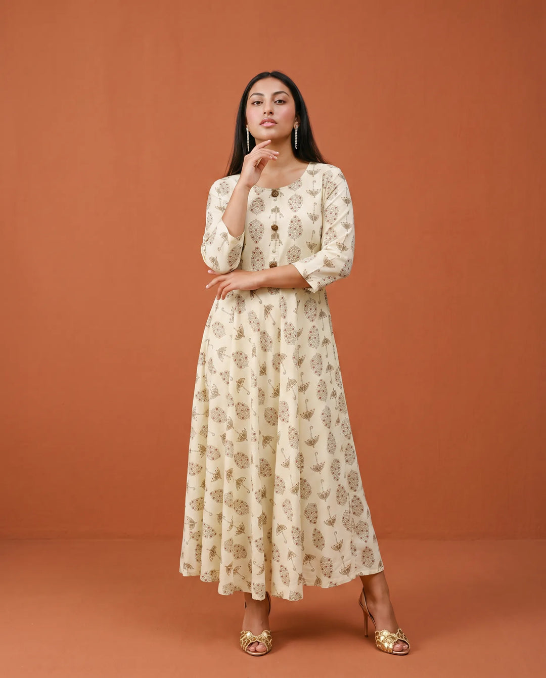 White Printed Rayon Maxi Dress