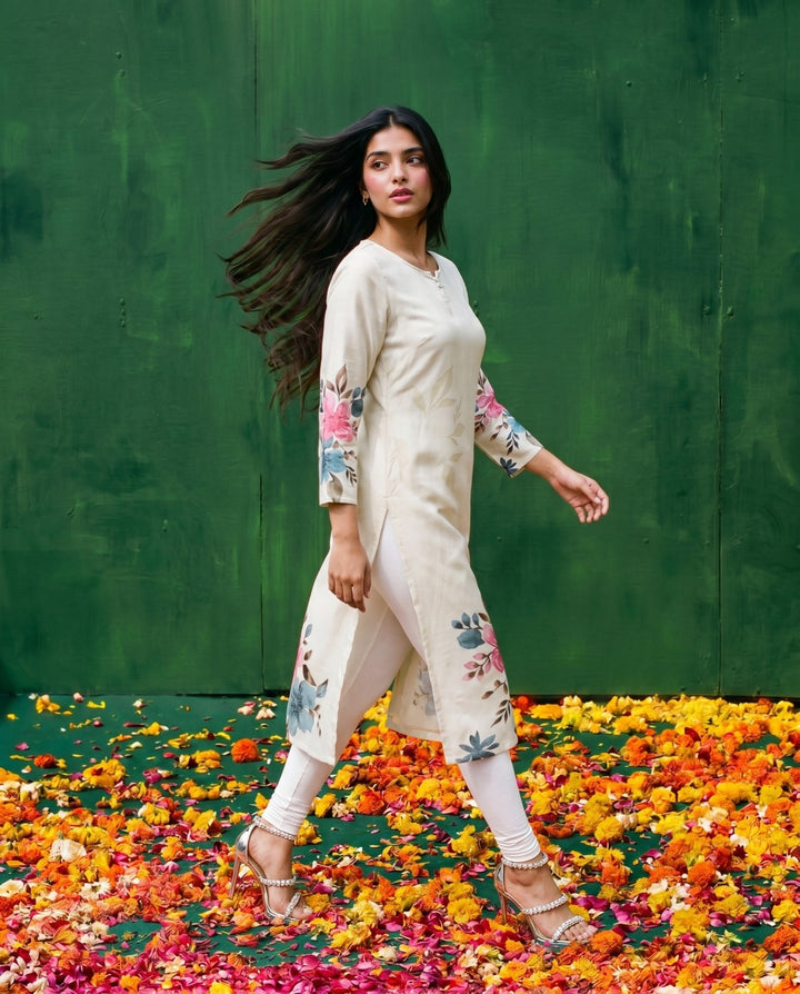 Multi Colour Printed Crepe Silk Straight cut Long Kurta