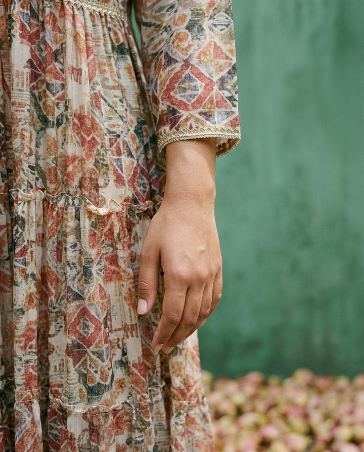 Multi-Colour Printed Silk Blended Maxi Dress