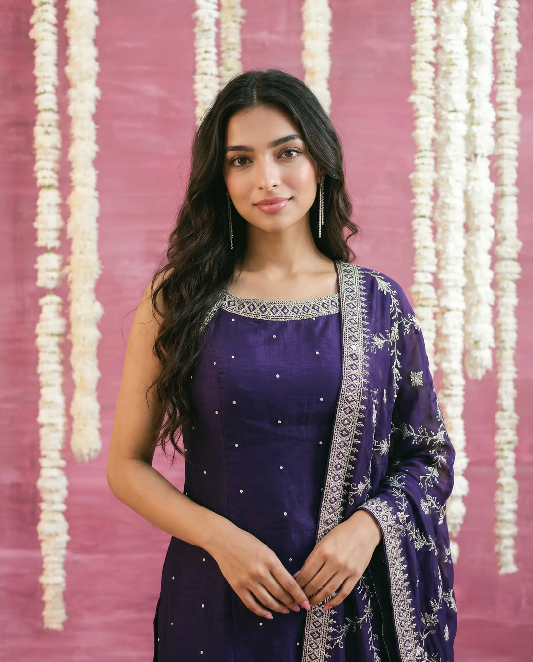 Purple Embriodered Silk Blended Sleeveless Kurta Bottom Dupatta Set
