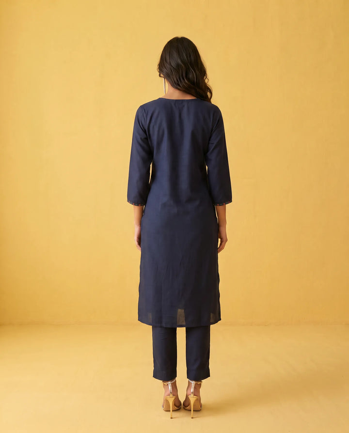 Navy Embroidered Viscose Blended Straight cut Long Kurta