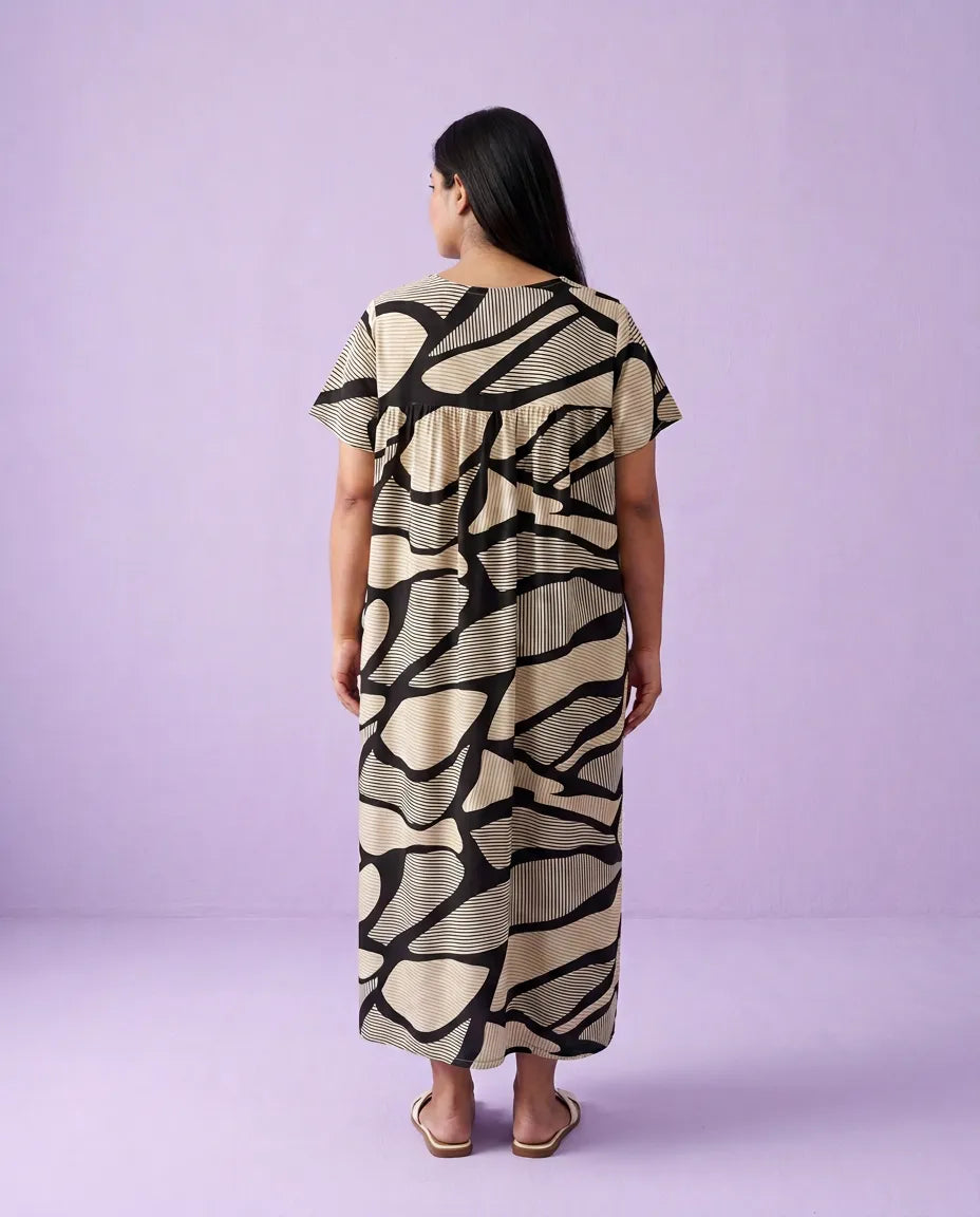 Black Printed Super Soft Rayon Night Dress / Home Wear