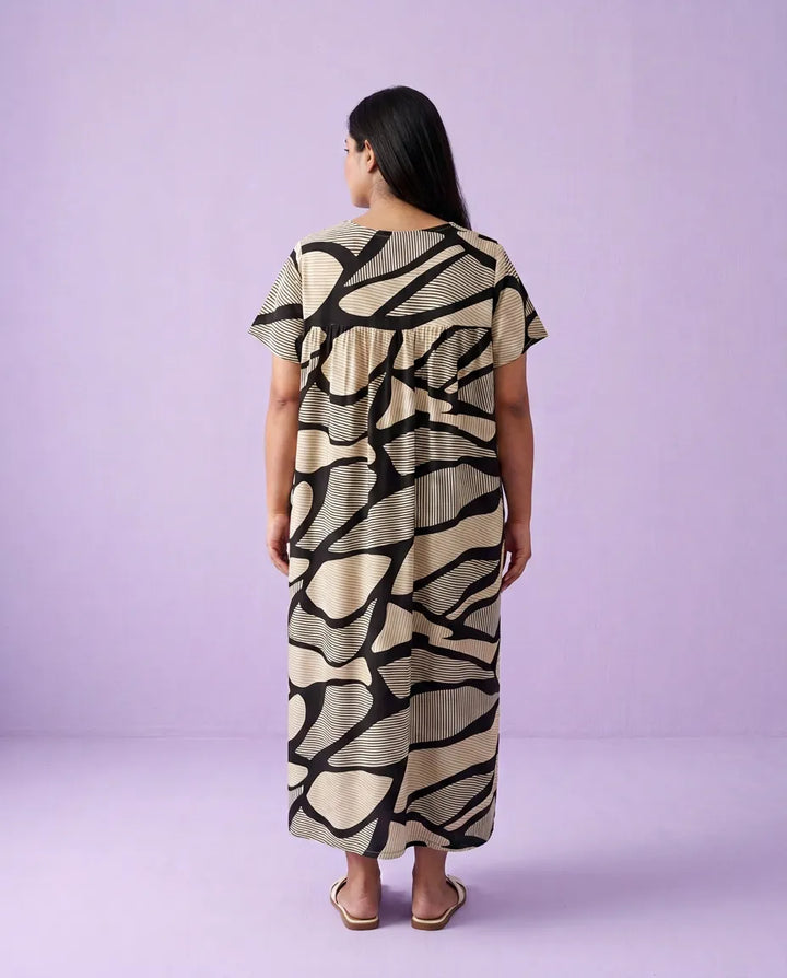 Black Printed Super Soft Rayon Night Dress / Home Wear