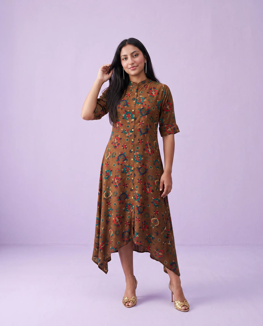 Brown Printed Rayon Maxi Dress