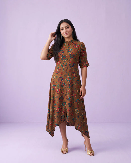 Brown Printed Rayon Maxi Dress