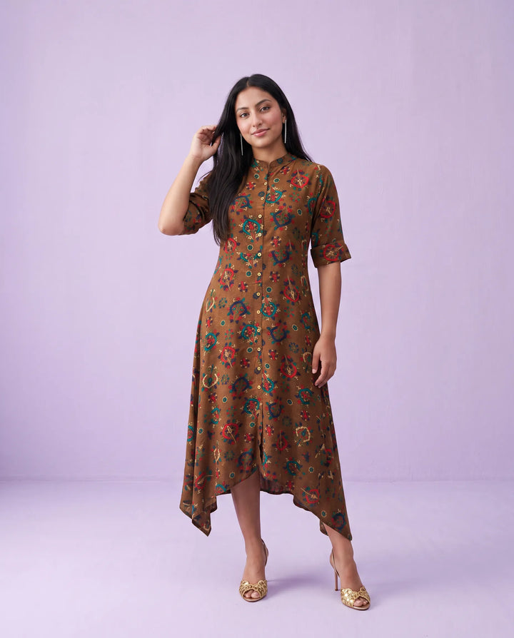 Brown Printed Rayon Maxi Dress