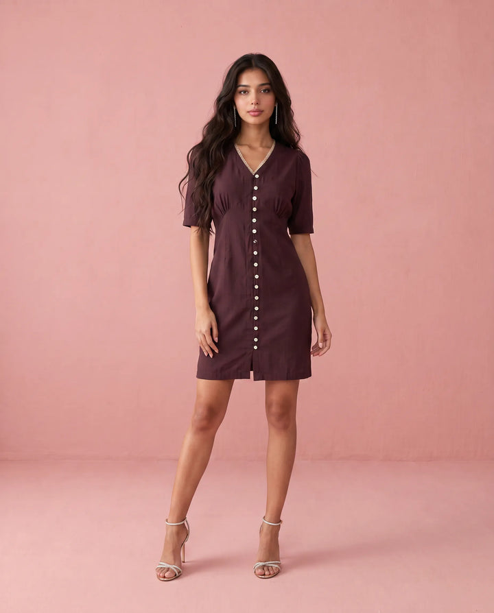 Wine Solid Viscose Blended Midi Dress