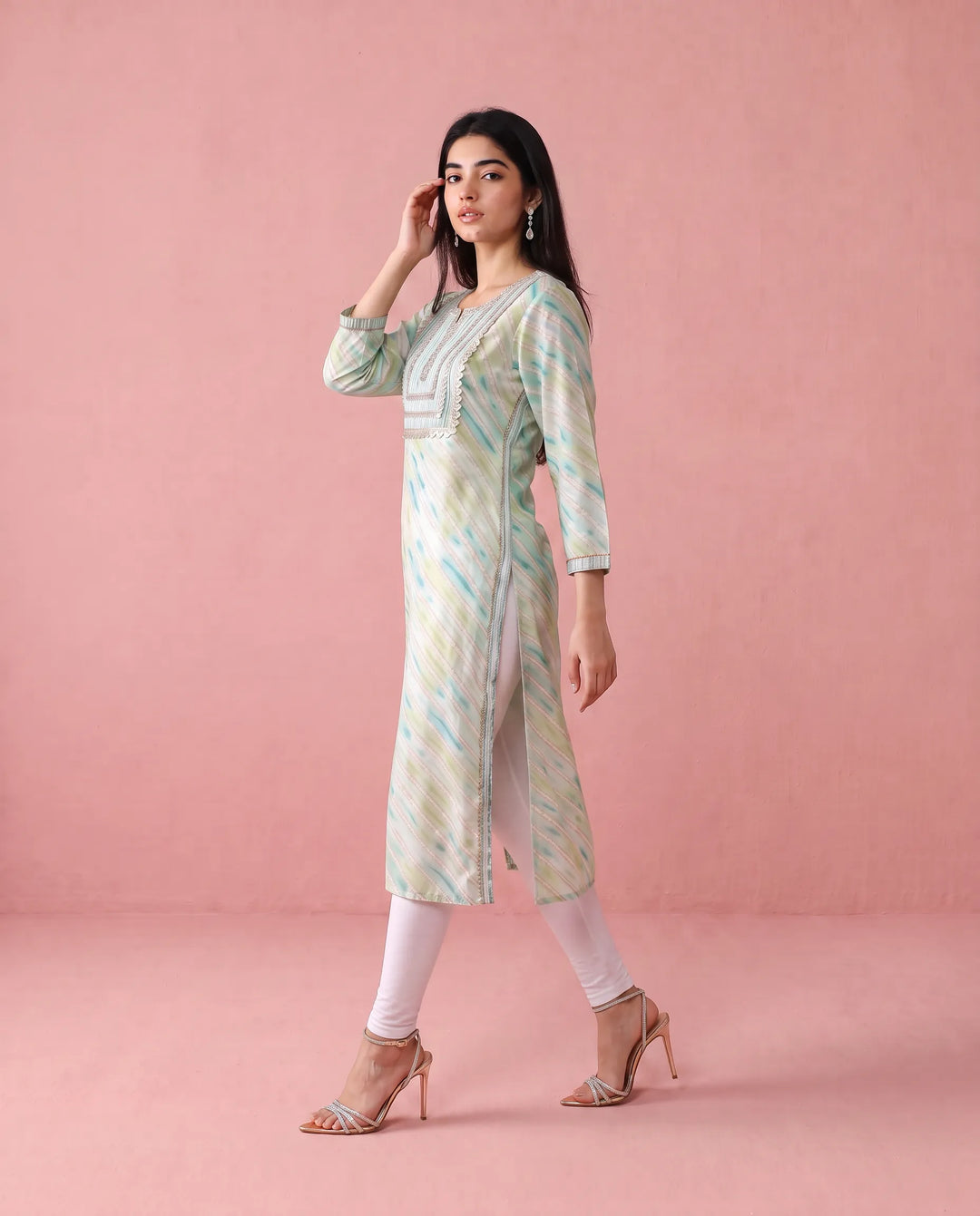 Green Printed Viscose Blended Straight cut Long Kurta