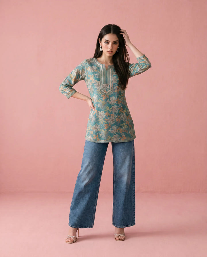 Turquoise Printed Cotton Blended Short Kurti