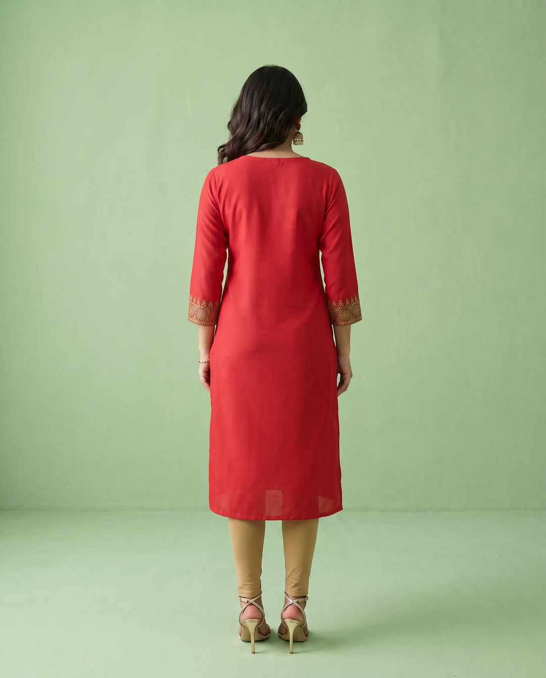 Red Embroidered Viscose Blended Straight cut Long Kurta