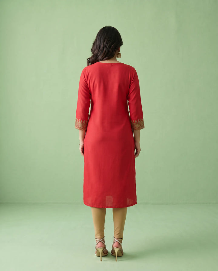 Red Embroidered Viscose Blended Straight cut Long Kurta