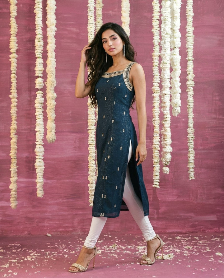 Turquoise Embroidered Viscose Blended Sleeveless Straight cut Long Kurta