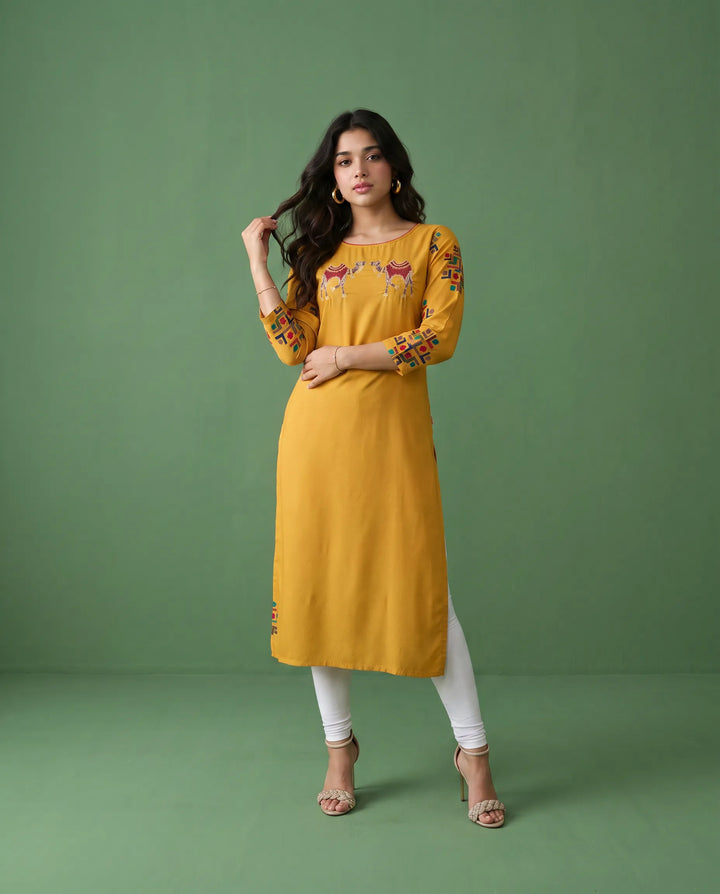 Yellow Embroidered Rayon Straight cut Long Kurta