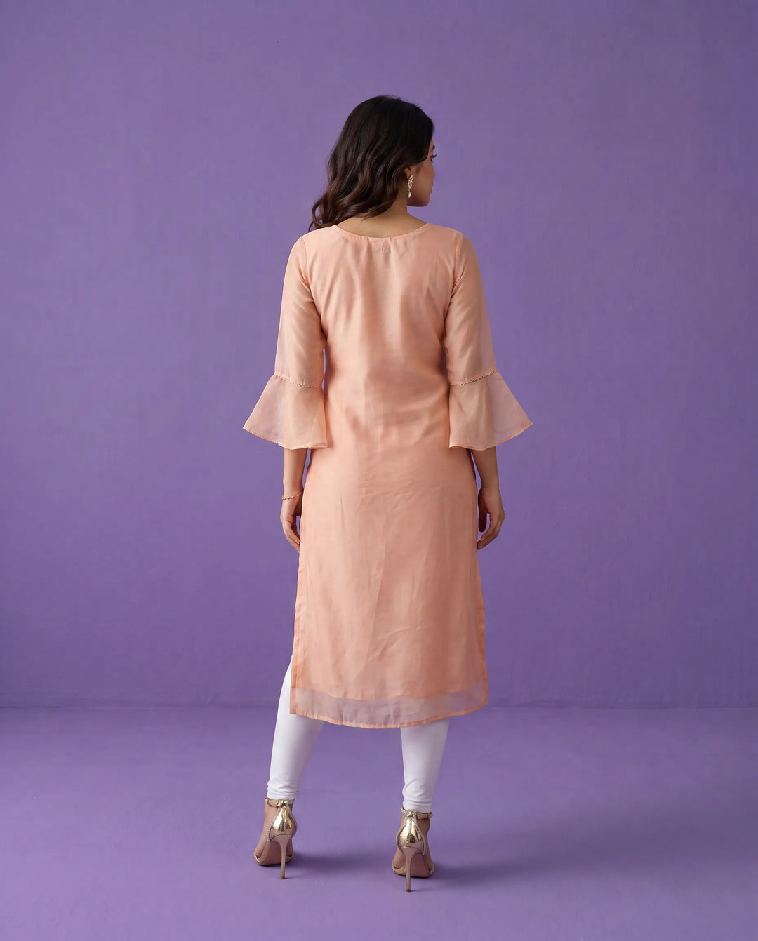 Peach Embroidered Chanderi Long Kurta