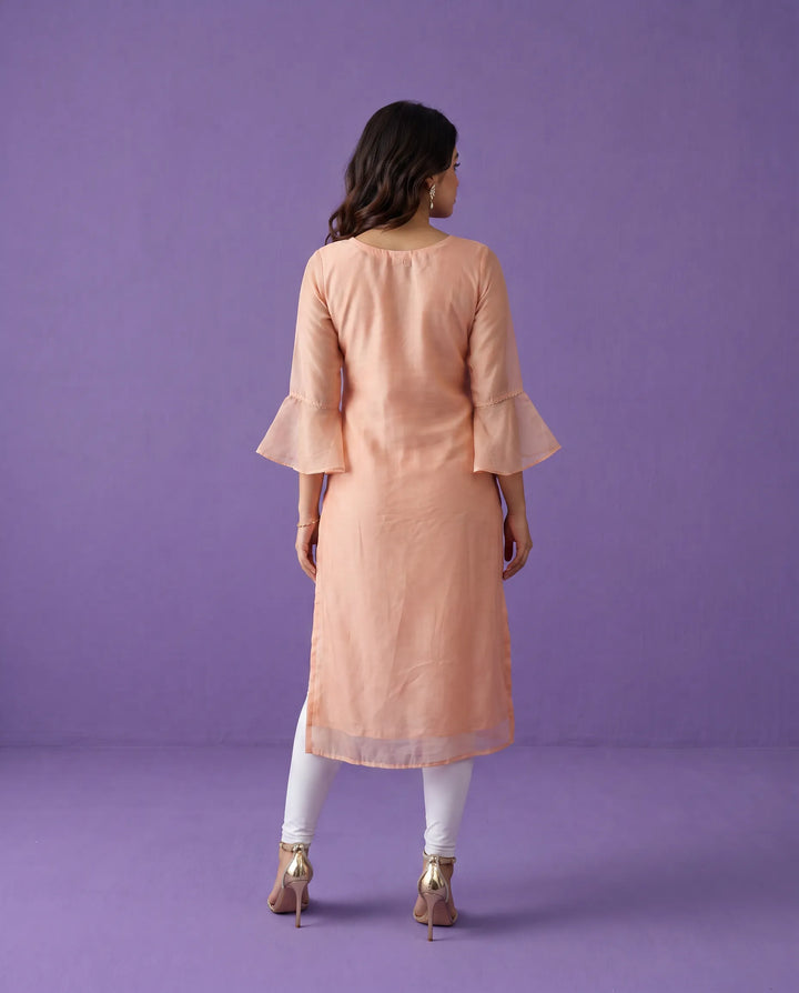 Peach Embroidered Chanderi Long Kurta