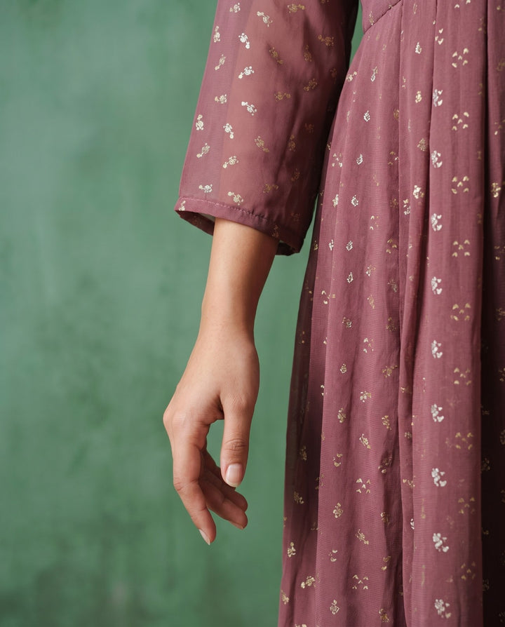 Peach Printed Georgette Maxi Dress