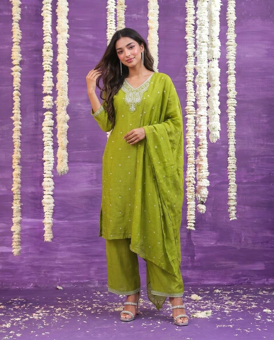 Olive Embriodered Silk Blended Kurta Bottom Dupatta Set