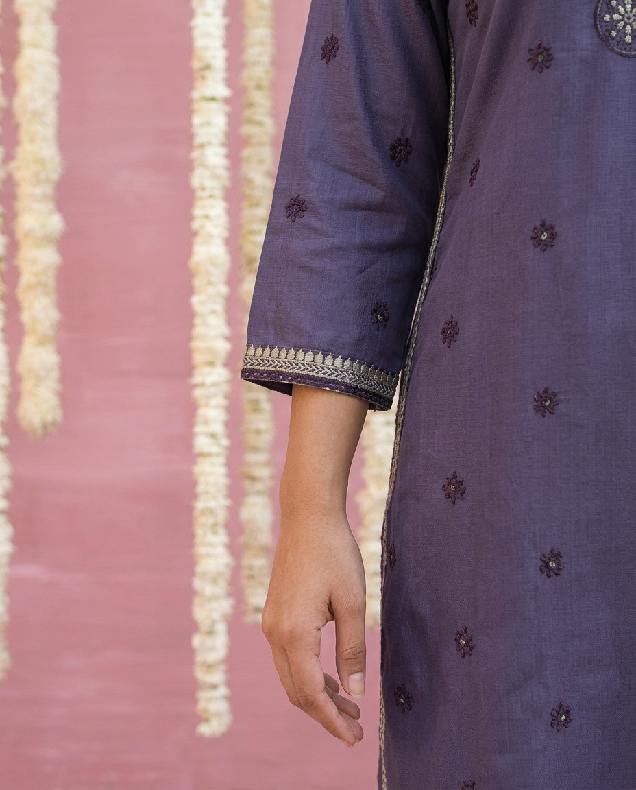 Purple Embroidered Viscose Blended Straight cut Long Kurta