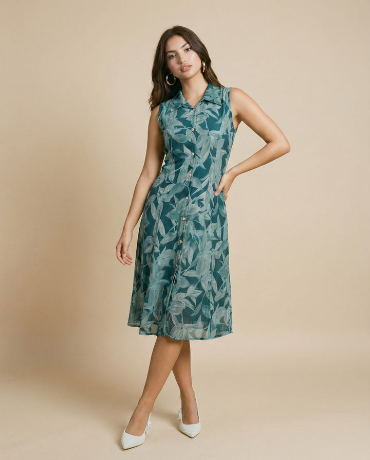 Teal Printed Viscose Blended Midi Dress