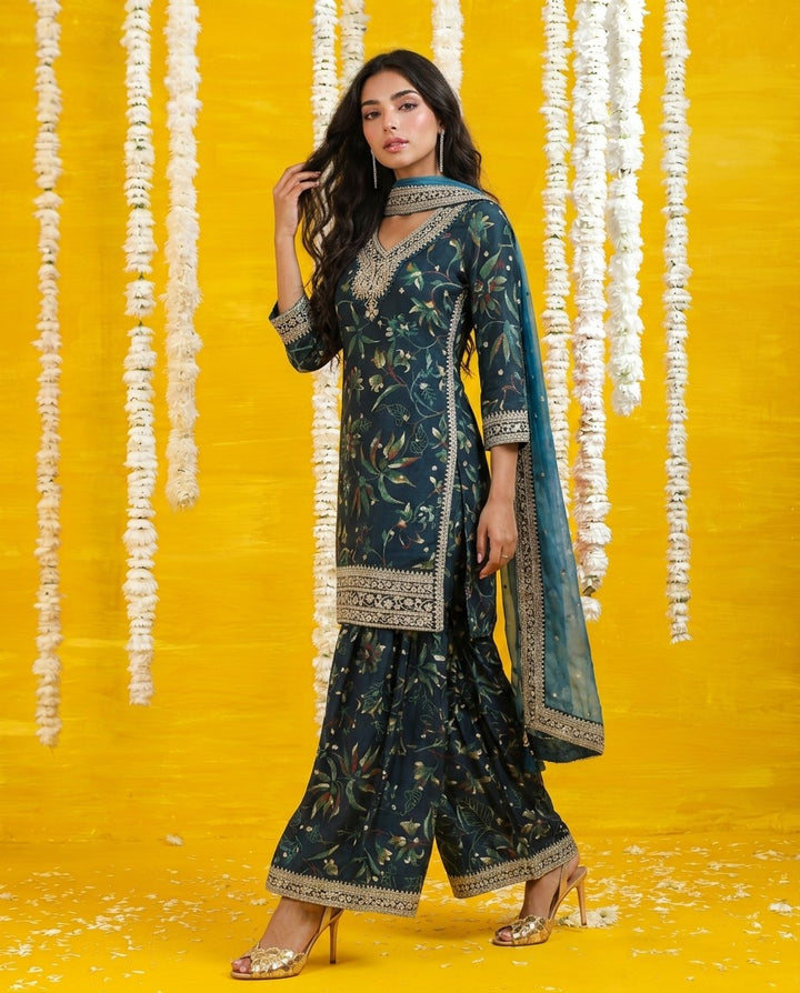 Teal Blue Embriodered Silk Blended Kurta Bottom Dupatta Set