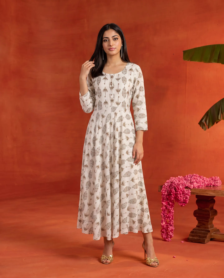 White Printed Rayon Maxi Dress