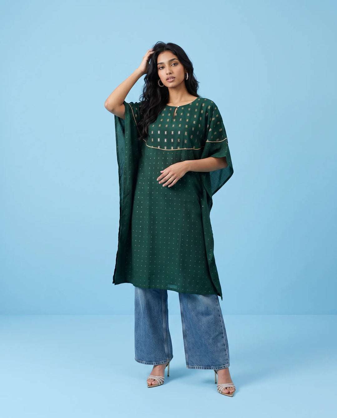 Green Printed Viscose Blended Kaftan