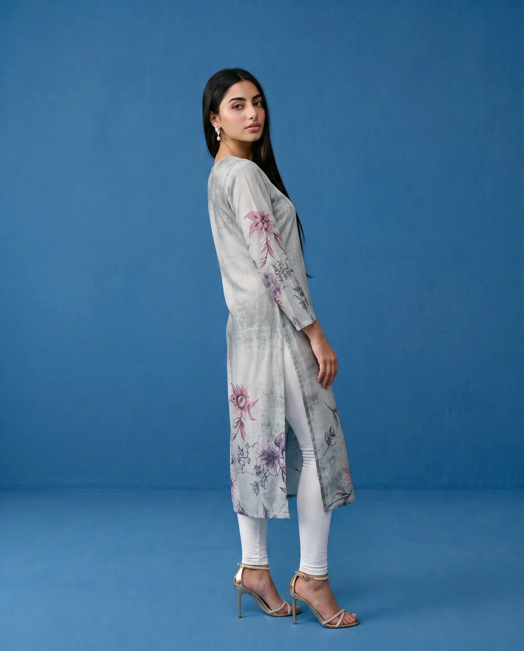 Grey Printed Crepe Silk Straight cut Long Kurta