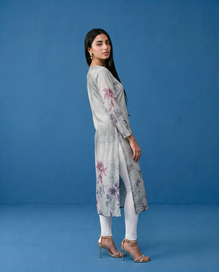 Grey Printed Crepe Silk Straight cut Long Kurta