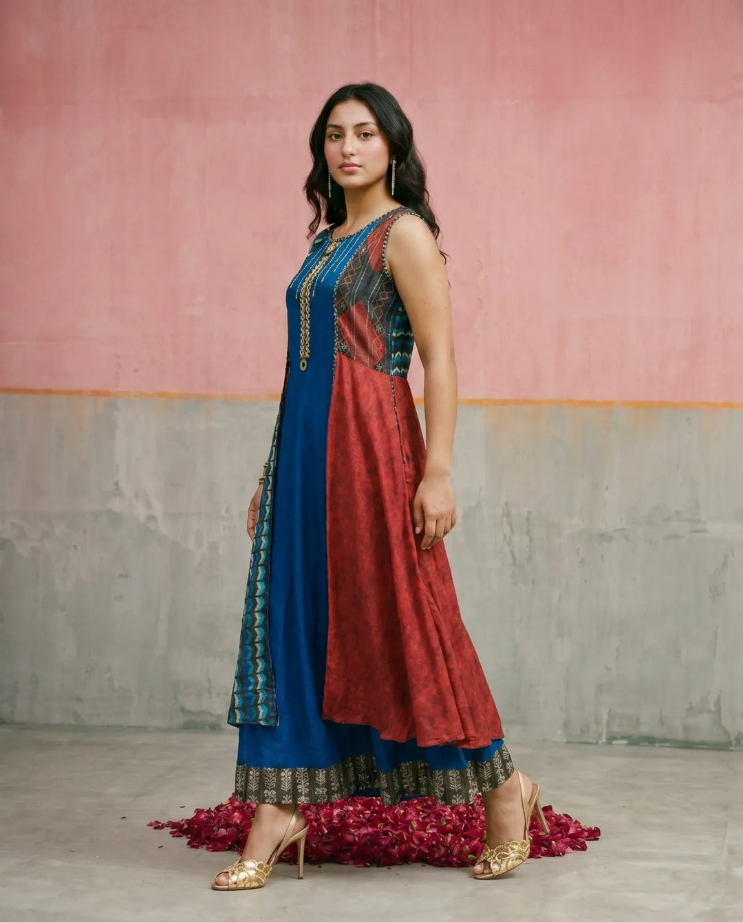Navy Embriodered Rayon Sleeveless Maxi Dress